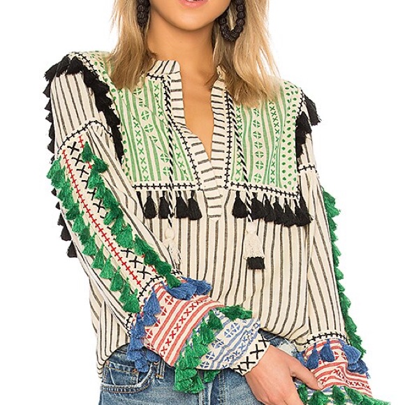Dodo Bar Or Green And Black Striped Tassel Blouse
